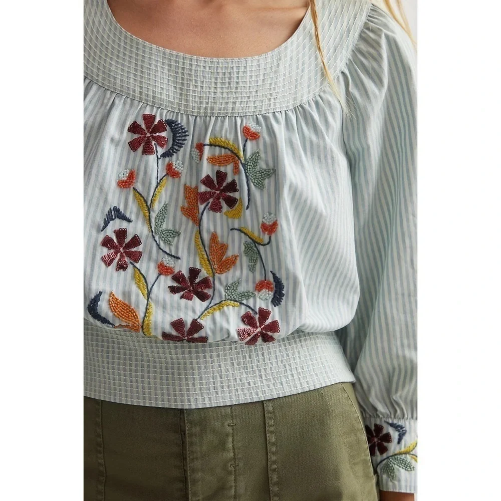 NWT by Anthropologie Pinstriped Beaded Embroidered Floral Puff-Sleeved Blouse XS
